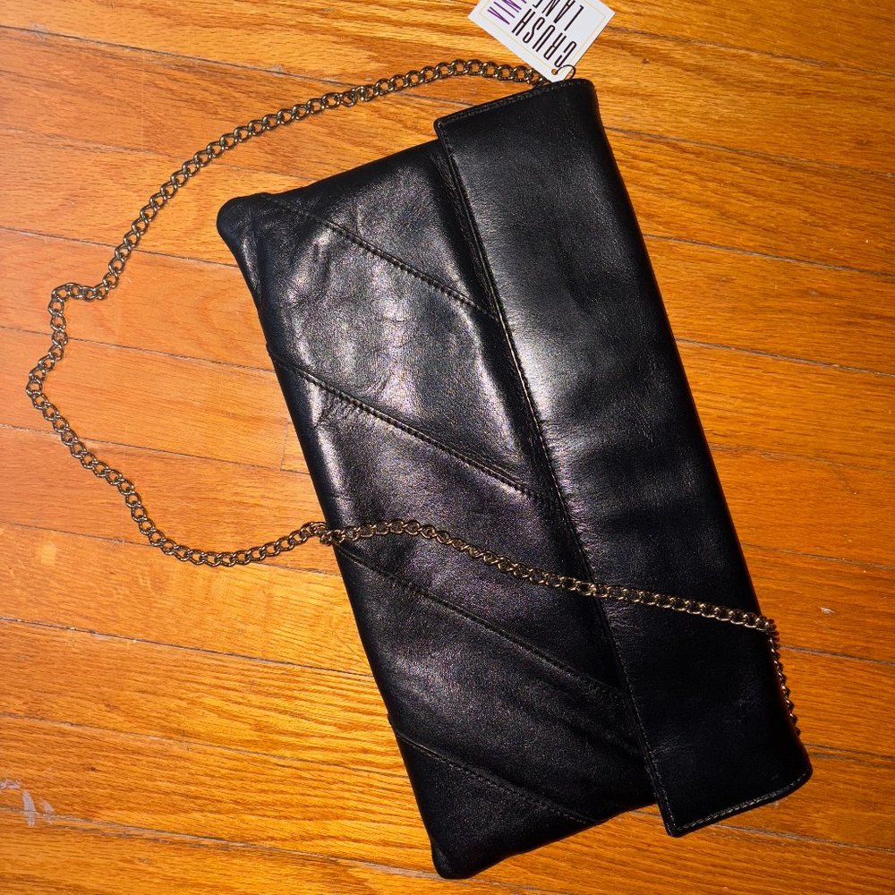 Vintage Black Genuine Leather Clutch with Chain